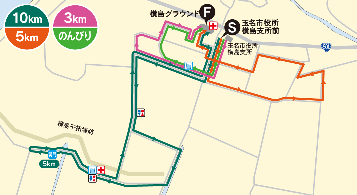 横島いちごマラソンコース図10km／5km／3km／のんびり
