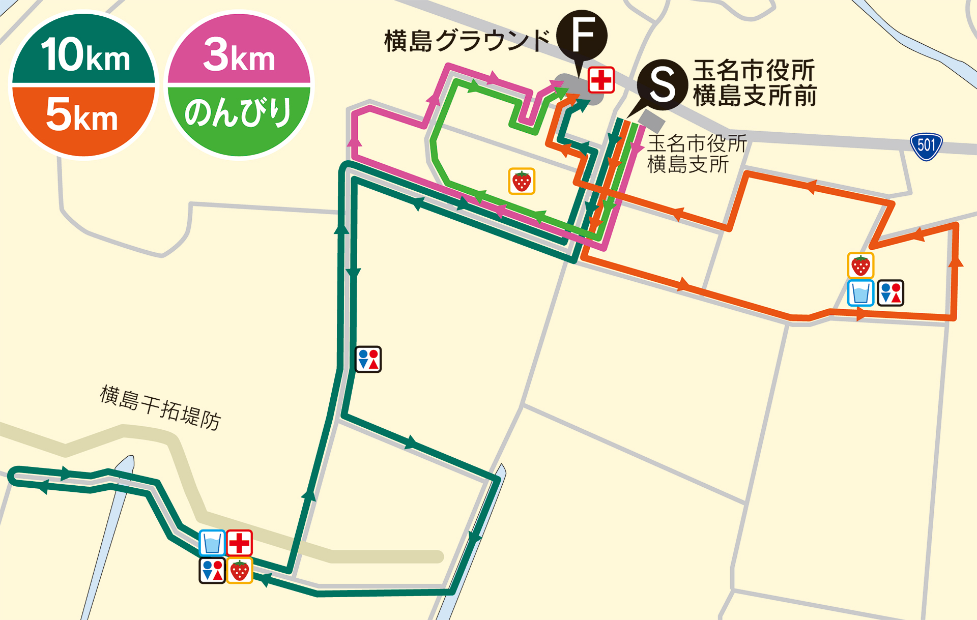 横島いちごマラソンコース図10km/5km/3km/のんびり